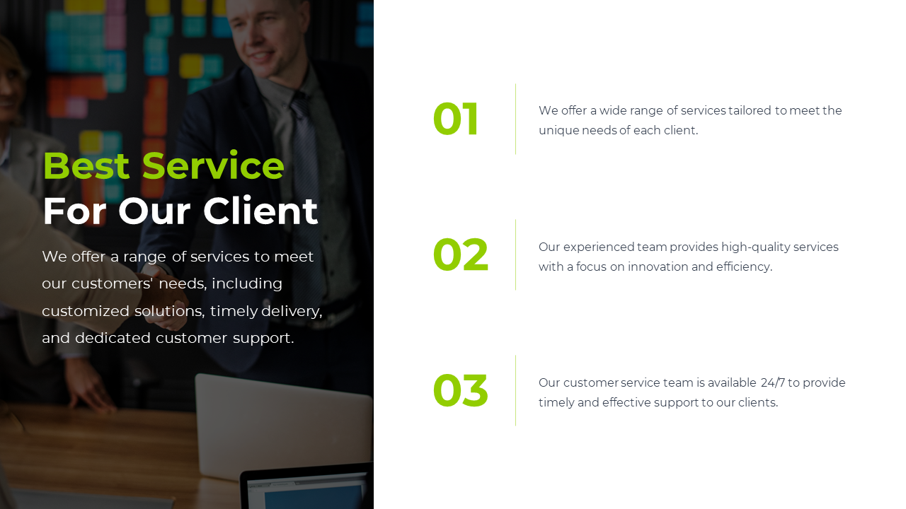 Best Service For Our Client features three points with a background of professionals on a white theme with text descriptions.