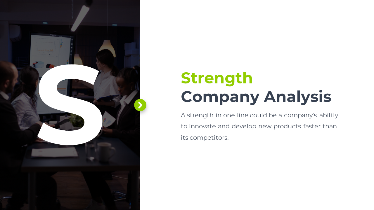 A slide on company analysis highlighting strength in innovation, with a photo of a team analyzing data on a large screen.