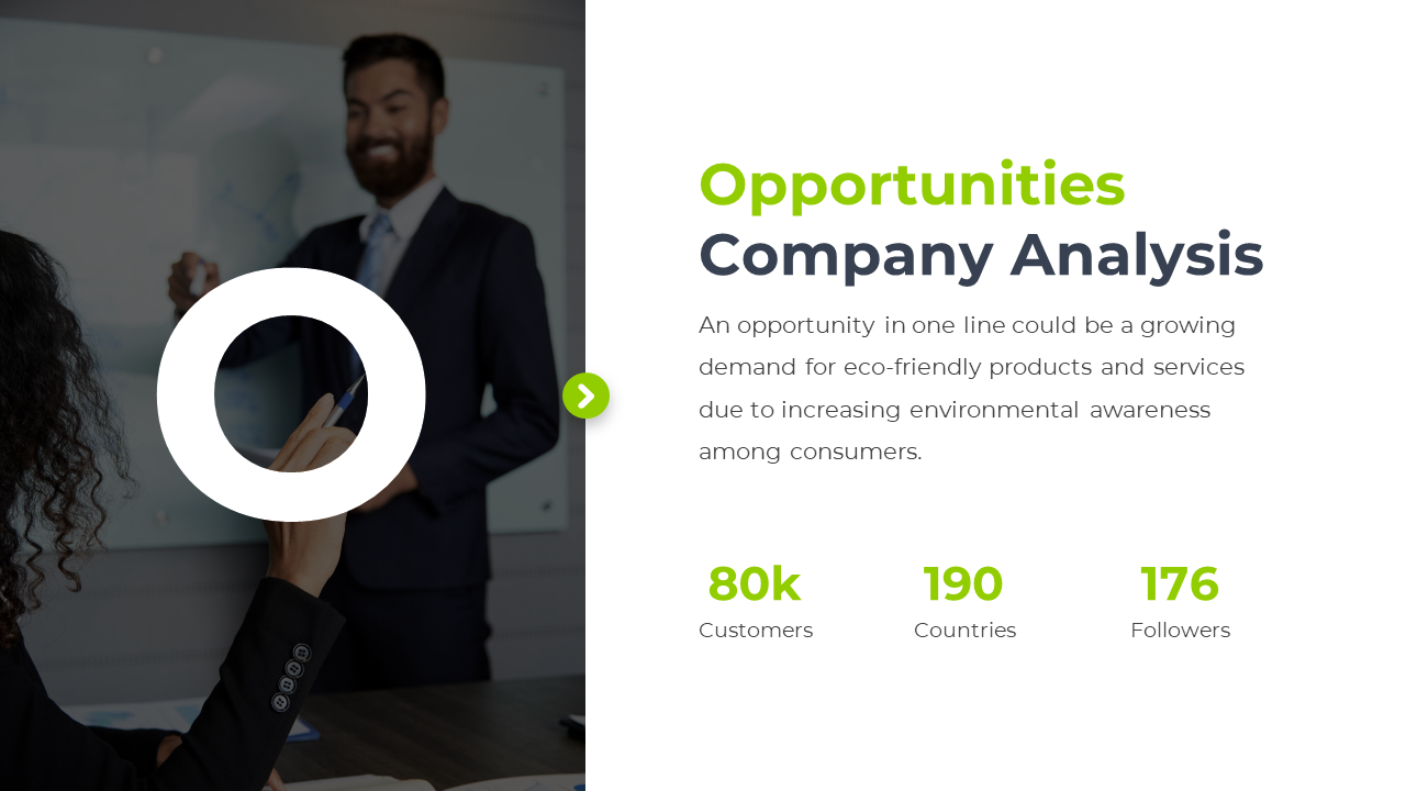 A slide showcasing company opportunities related to environmental awareness, with key metrics on a white theme.