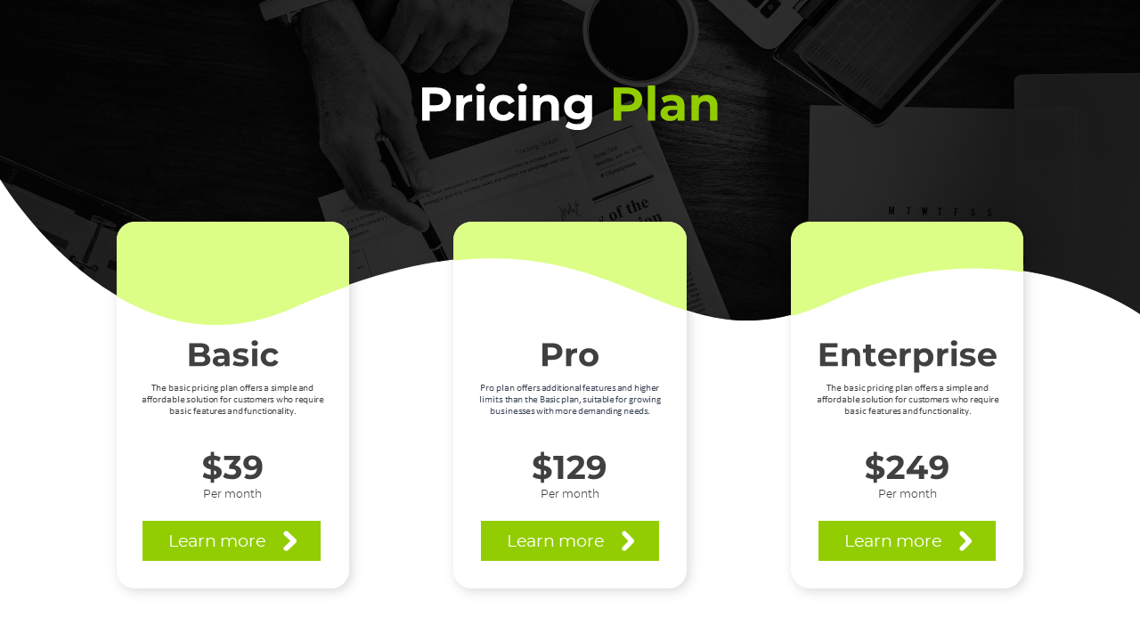 A pricing plan slide showcasing three green options with pricing details and descriptions on a black and white theme.