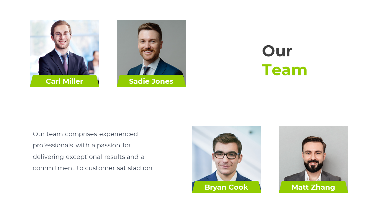 A team introduction slide featuring photos of Carl Miller, Sadie Jones, Bryan Cook, and Matt Zhang, with a description.