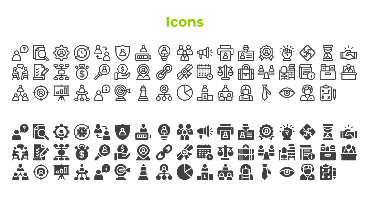 A collection of black and white icons representing various business concepts like teamwork, analysis, and project management.