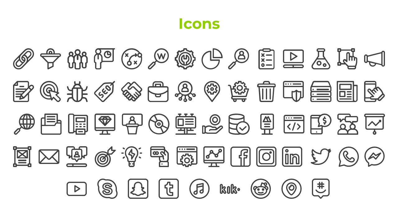 A set of line black icons covering business themes such as social media, marketing, and communication, arranged in rows.