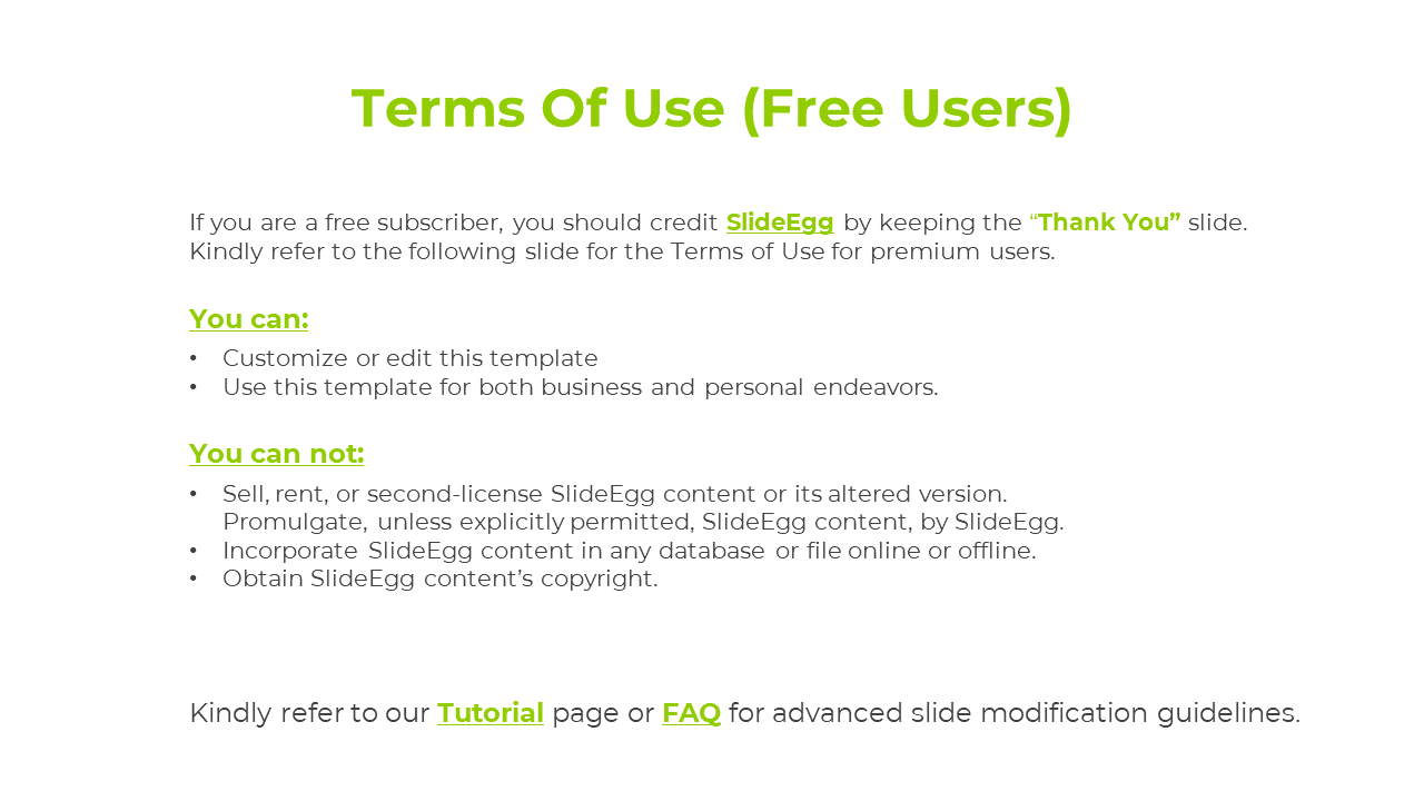 A slide explaining the terms for free subscribers, including the allowed use of SlideEgg templates on a white backdrop.