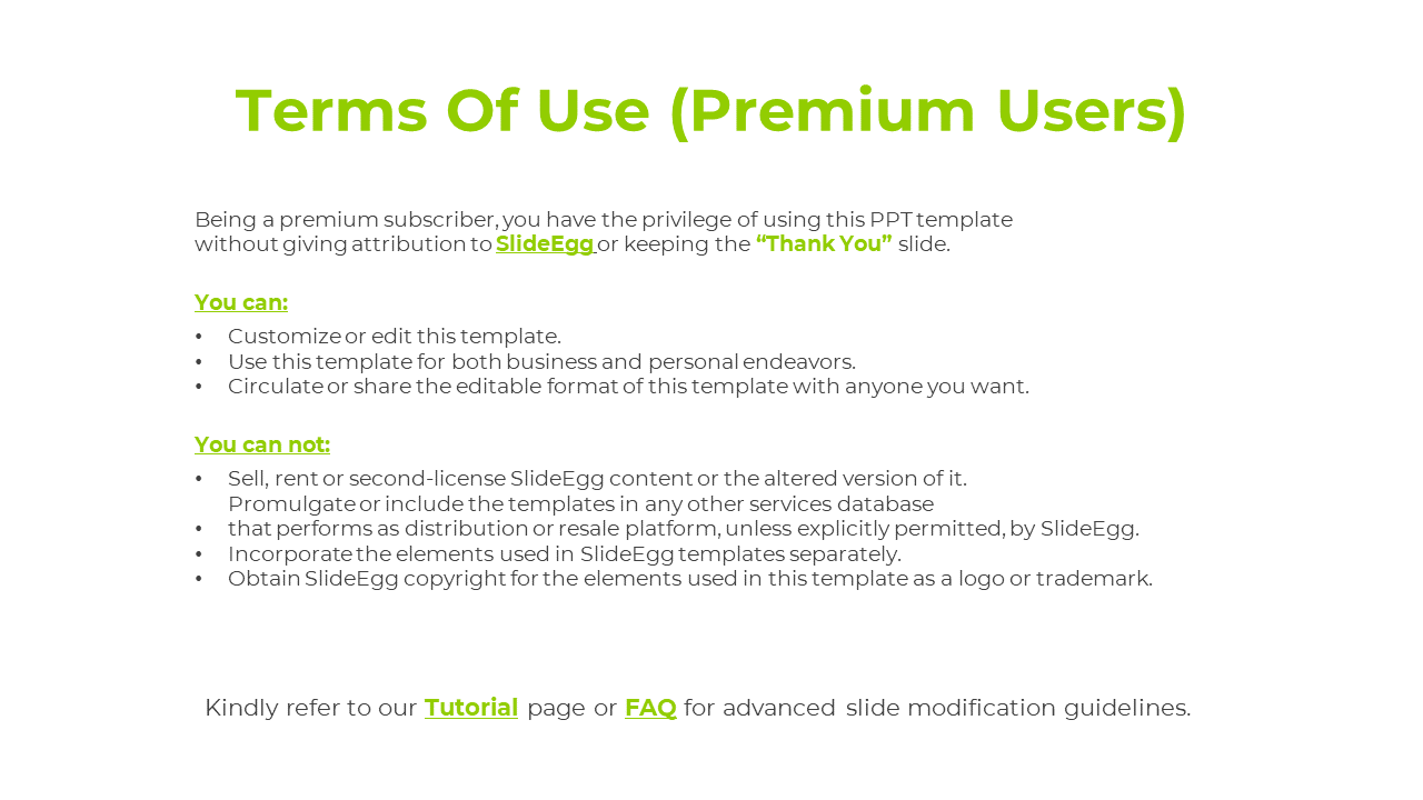 Terms of Use slide for premium users, detailing the permissions to customize and circulate templates on a white backdrop.