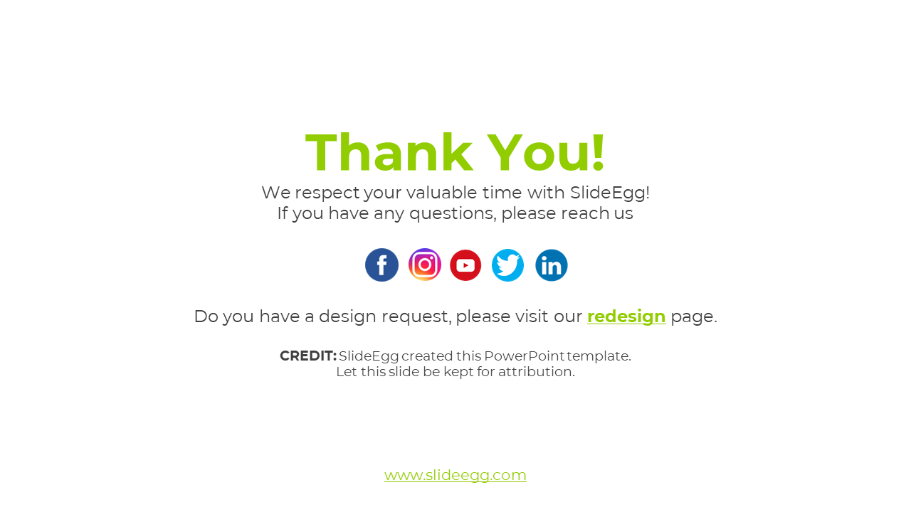 Thank You slide, featuring a message of gratitude, contact info, social media icons, and a reminder on a white backdrop.