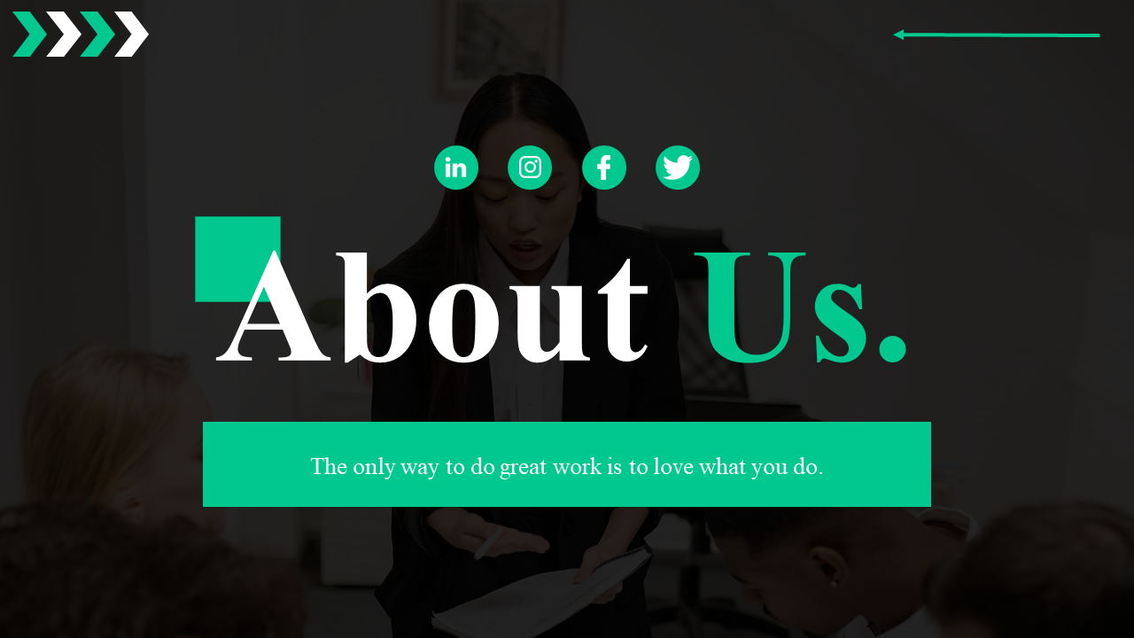 About us slide deck with a black and green theme, featuring structured layouts, and business content in a stylish design.