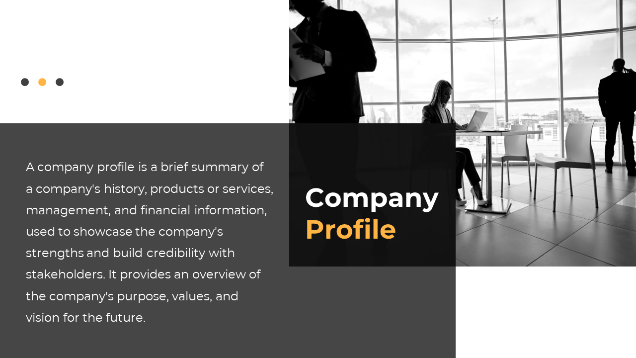 Corporate profile slide with a professional office setting showing a team working together on a white backdrop.