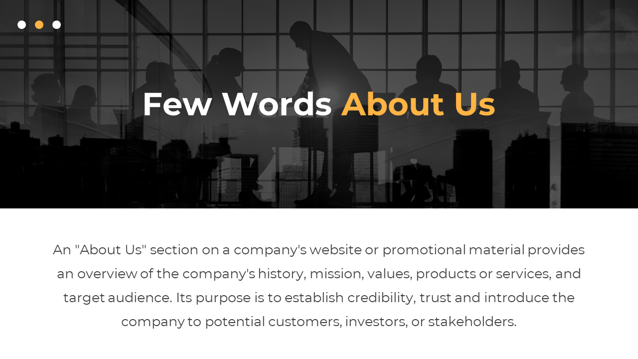 Business presentation slide with silhouettes of a team gathered in front of large windows discussing company details.