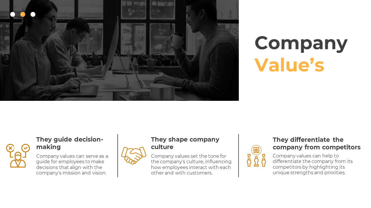 Business professionals discussing company values in a collaborative workspace, with orange icons and a white theme.