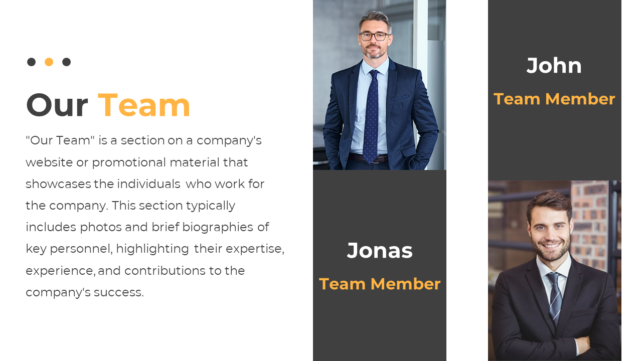 Two professional men dressed in business attire, each representing a team member with a description on a white theme.