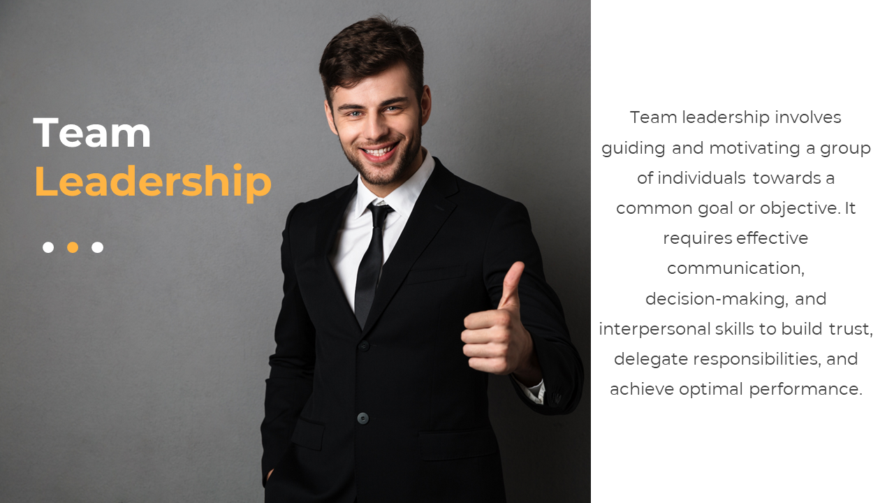 A professional man in a suit gives a thumbs up while smiling, symbolizing effective team leadership on a white theme.