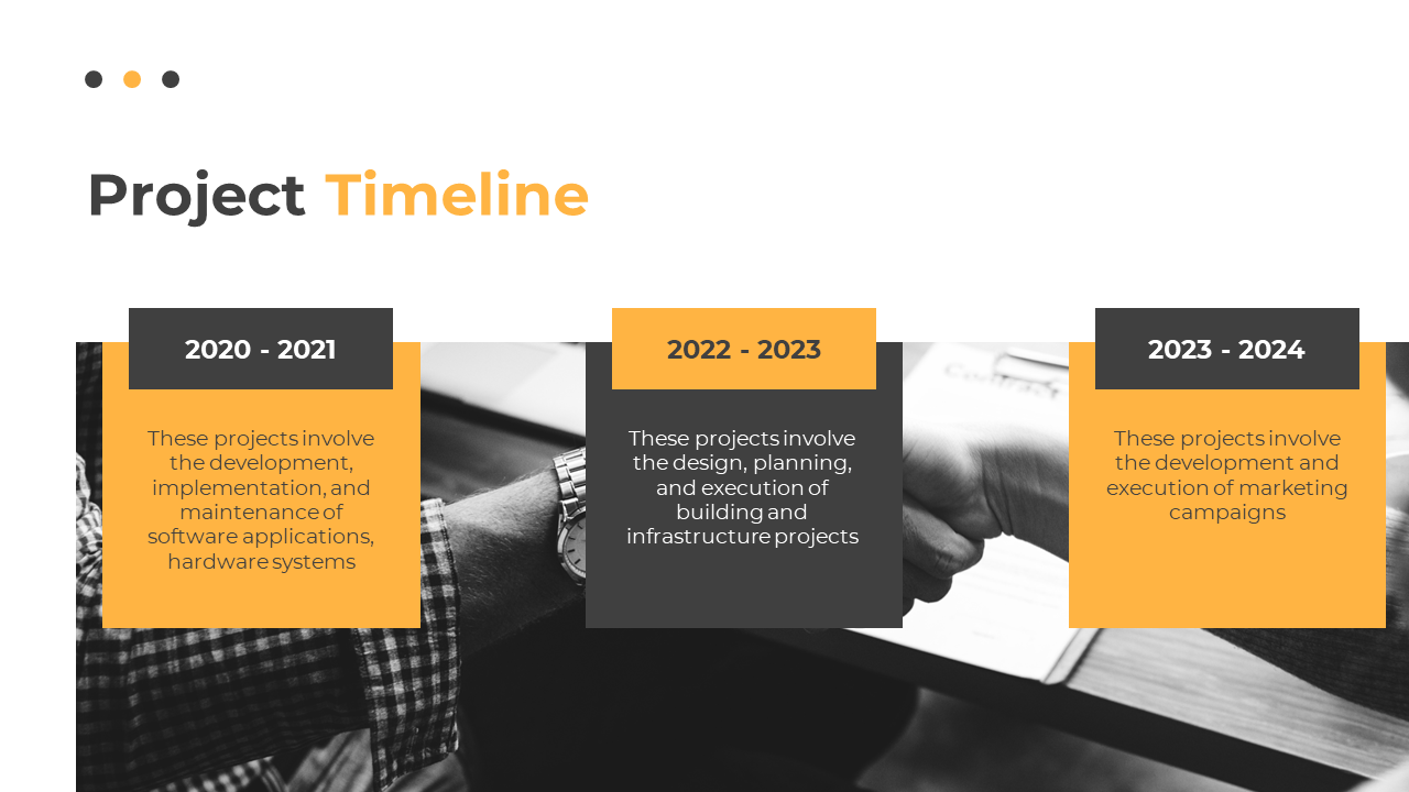 A colorful three phase project timeline illustrating the development, planning, and marketing campaign stages in white theme.