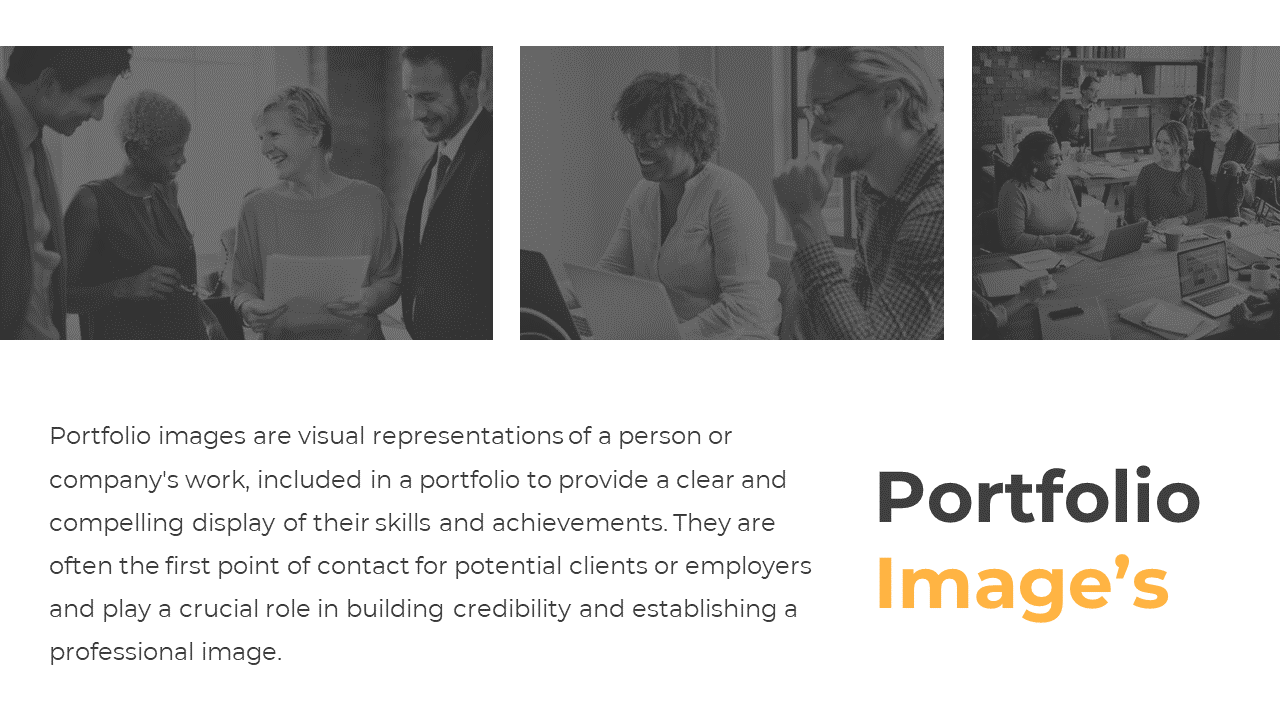 A collection of portfolio images illustrating teamwork and collaboration in a white theme with a text description.