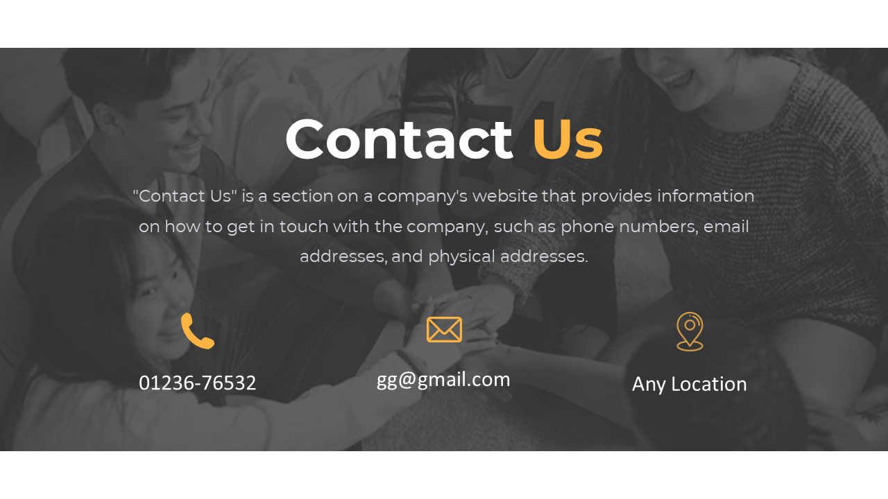 Grey Contact Us slide featuring phone number, email, and location information with an image of a group of people engaging.