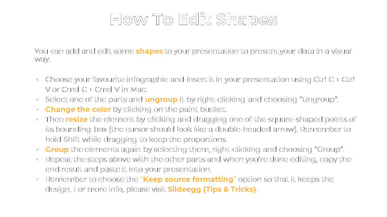 Instructions on how to customize shapes in PowerPoint, detailing the process of ungrouping, and grouping elements.