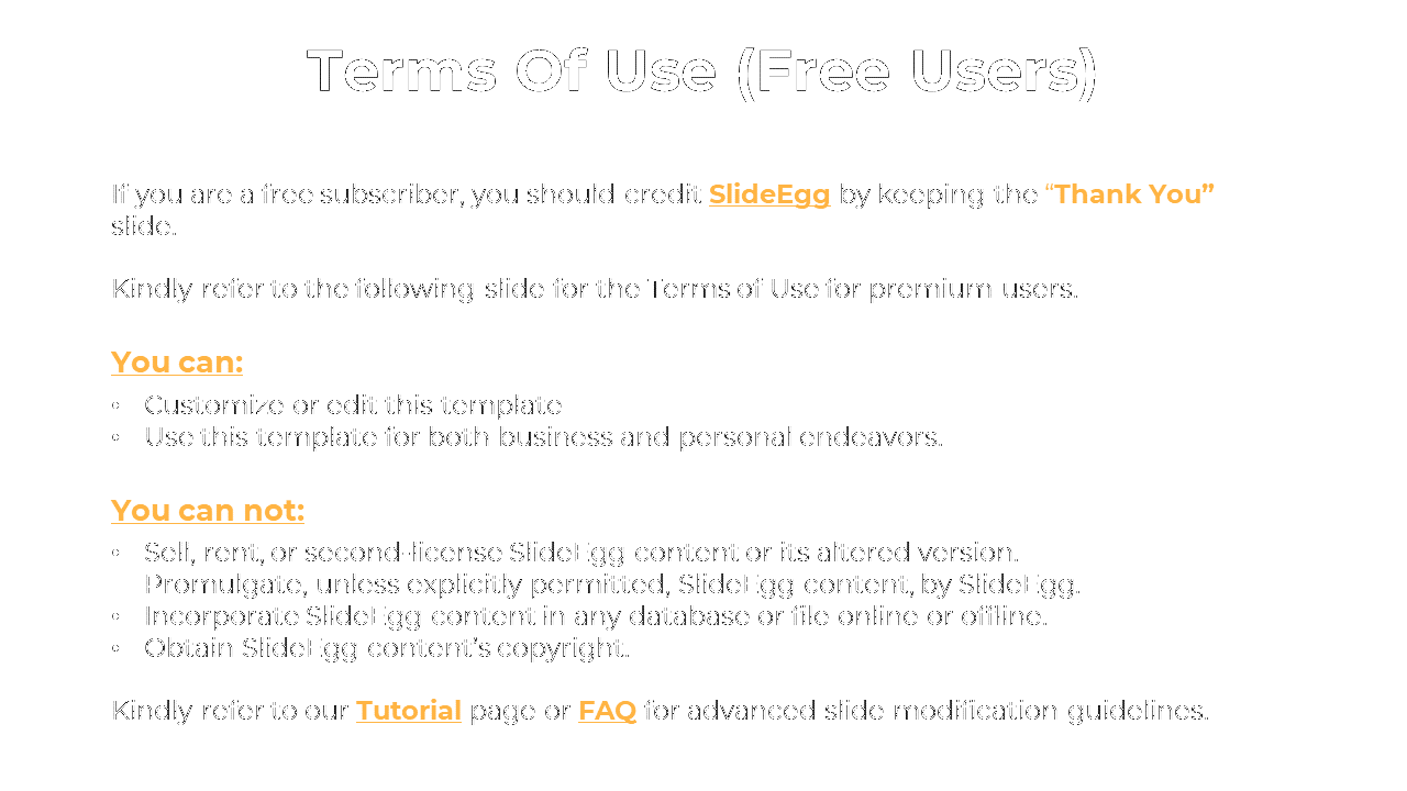Terms of Use for free users detailing the requirements for crediting SlideEgg and usage restrictions for templates.