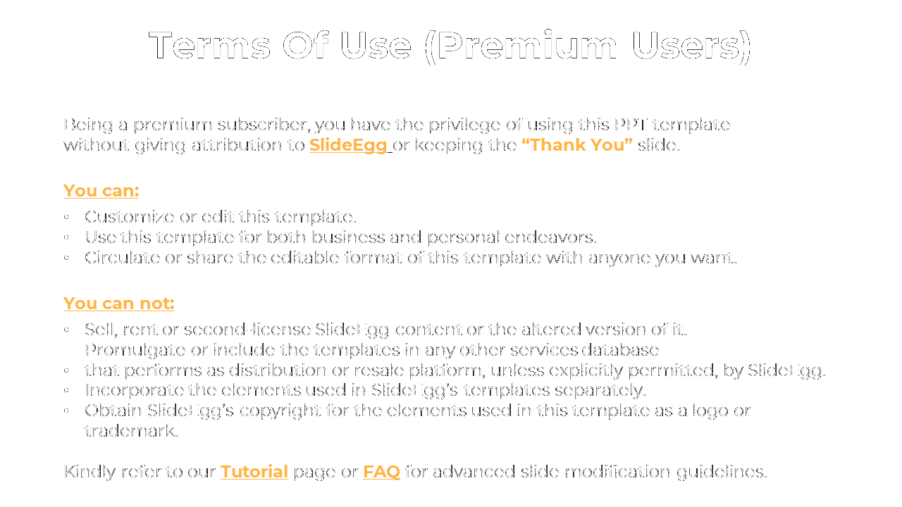 Terms for premium SlideEgg users, outlining the rights to use, modify, and distribute templates on a white backdrop.