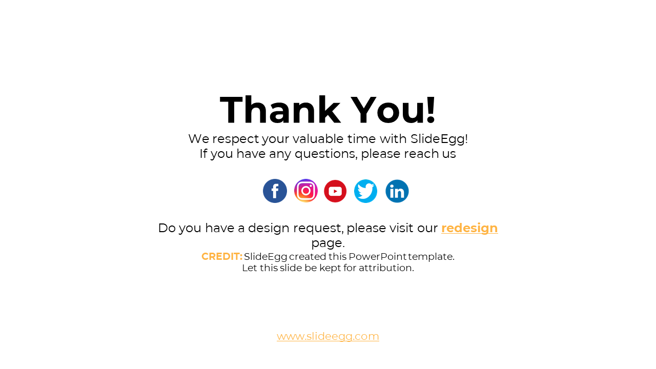 Thank you slide with social media icons for SlideEgg, including links to Facebook, Instagram, YouTube, and LinkedIn.