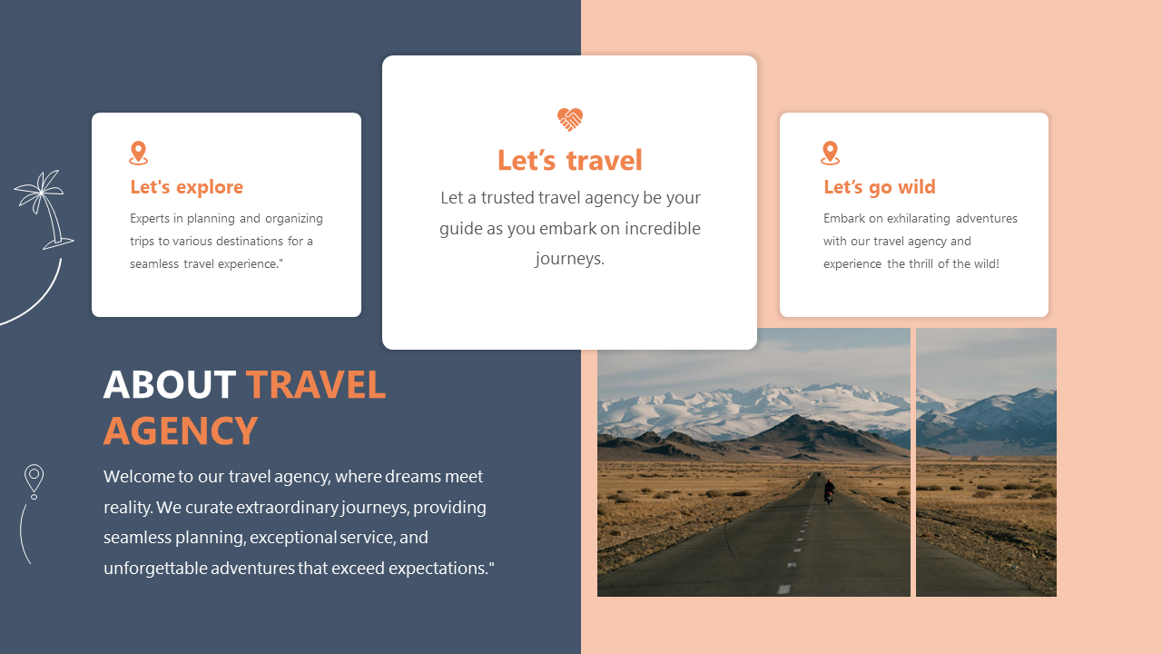 Travel agency promotional slide with text about exploring, traveling, and going wild, paired with scenic landscape images.