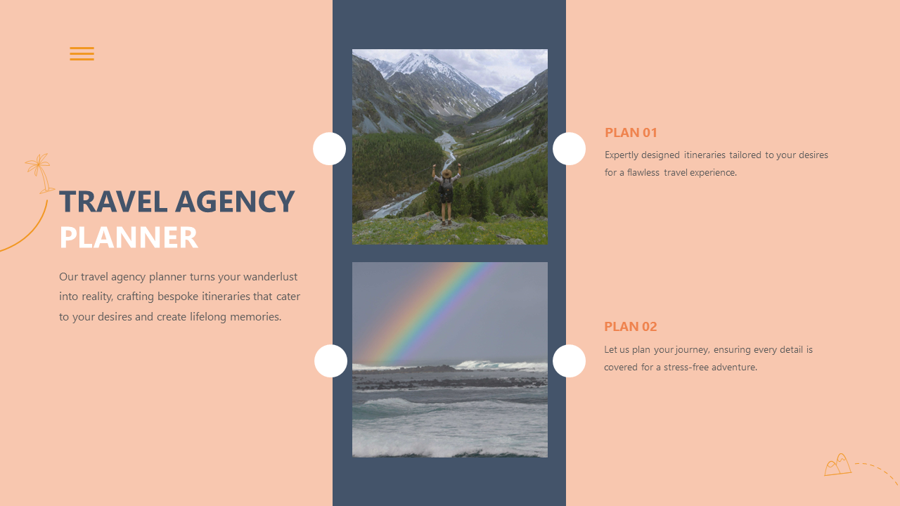 Travel agency planner slide showing bespoke travel plans and scenic images of mountains and rainbow over the ocean.