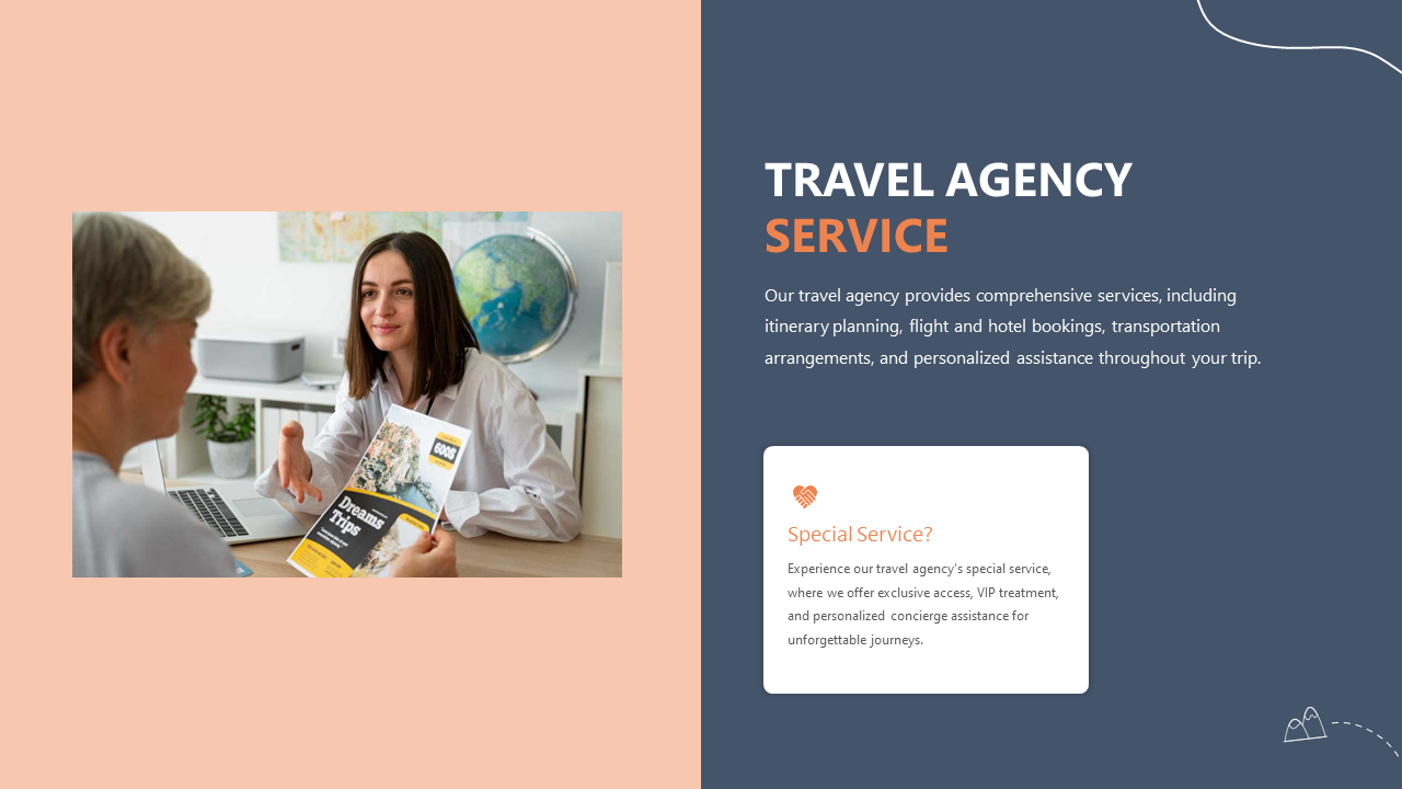 Travel agency service slide showing a representative assisting a client with travel brochures on an orange and blue theme.