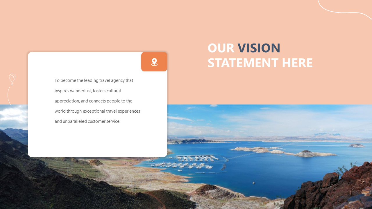 Vision statement of a travel agency with a scenic view of a lake and mountains with a text description in an orange theme.