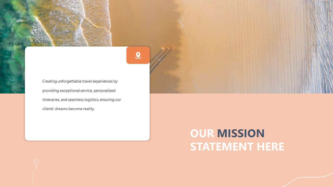 Travel agency mission slide featuring a scenic beach view with a text description in an orange theme.