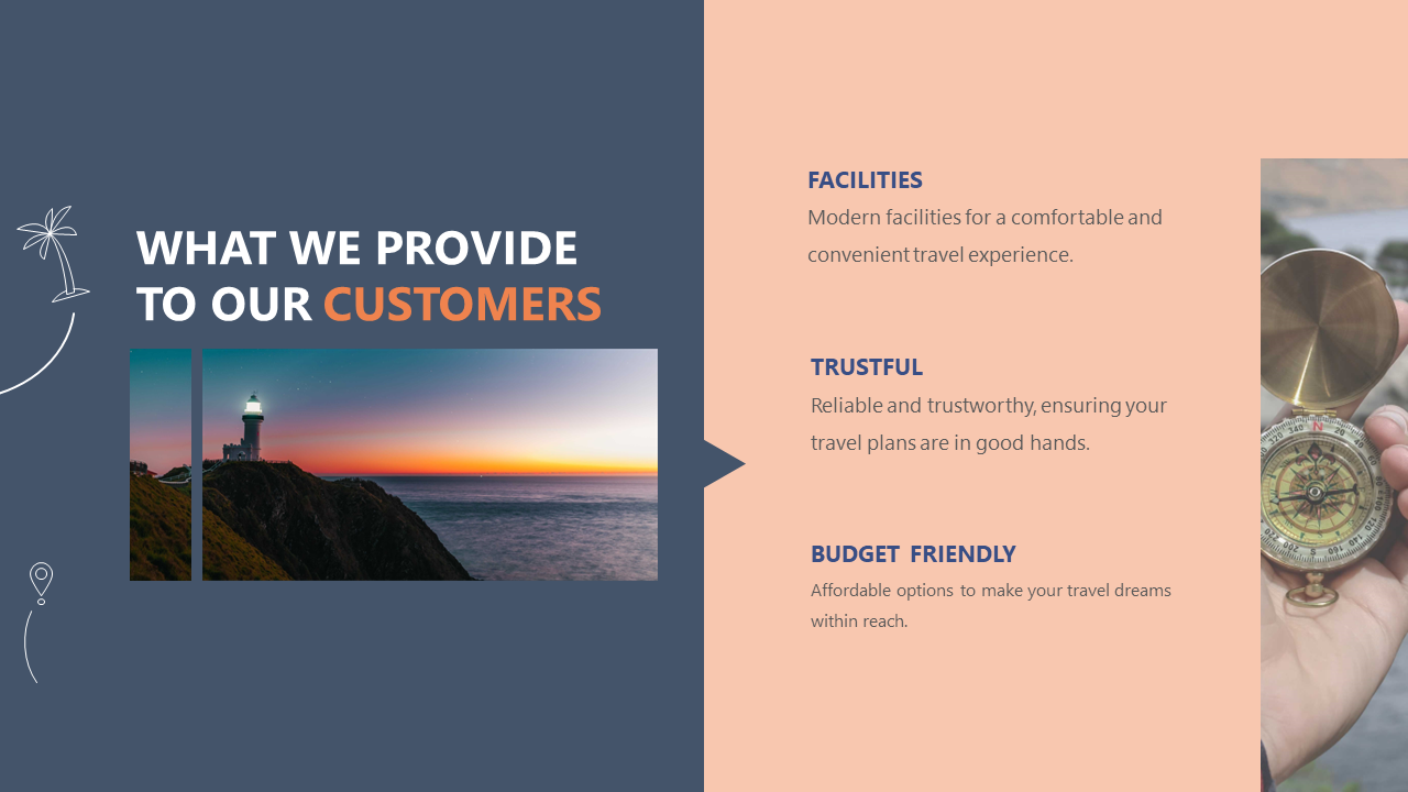 Travel agency services slide featuring a scenic view with a lighthouse and text description on an orange and blue backdrop.