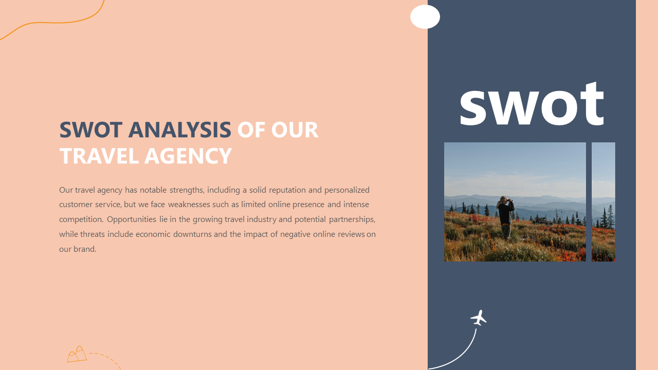 SWOT analysis slide for a travel agency with a scenic image of a traveler in nature on an orange and blue backdrop.