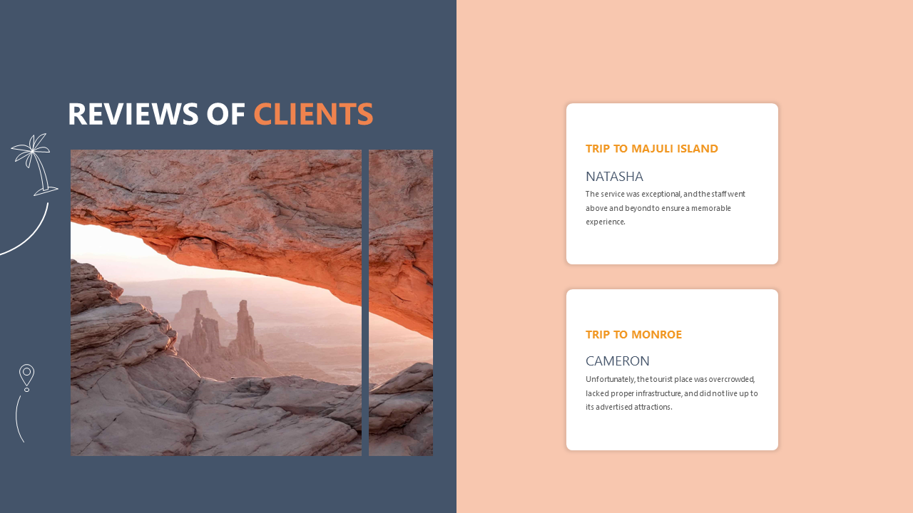 Client reviews for a travel agency with the scenic desert landscape in the background on a blue and orange theme.