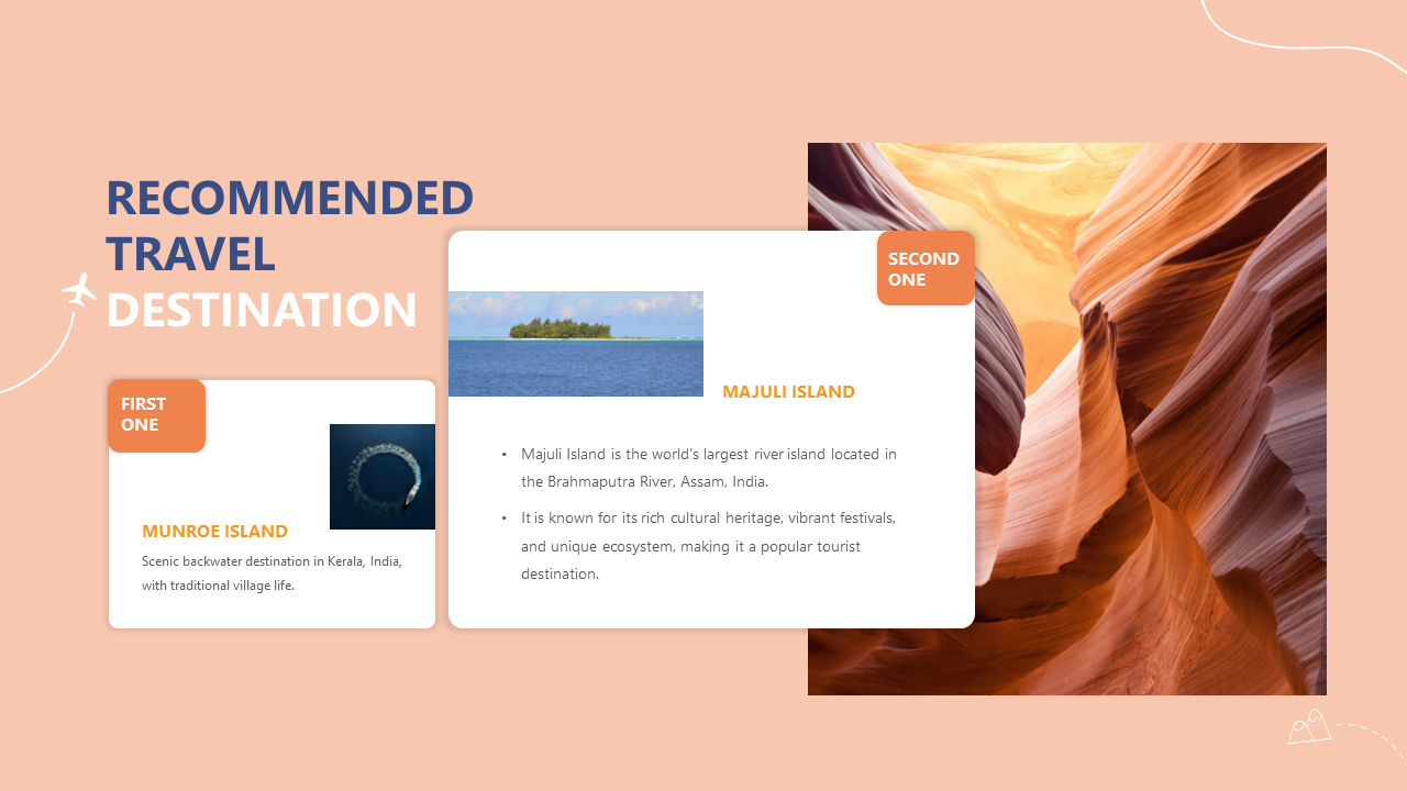 Recommended travel destinations Munroe Island for its scenic backwaters on an orange theme with text description.