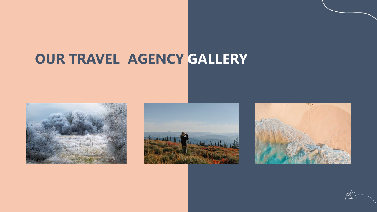 Travel agency gallery featuring 3 scenic images frosty landscape, a hiker in mountainous area, and beach with clear water.