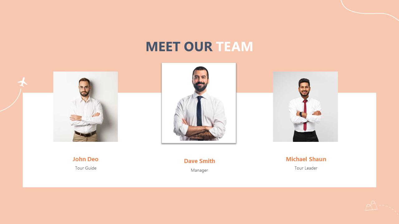 Meet the team slide with John Deo, Dave Smith, and Michael Shaun all dressed in formal attire on an orange and white theme.