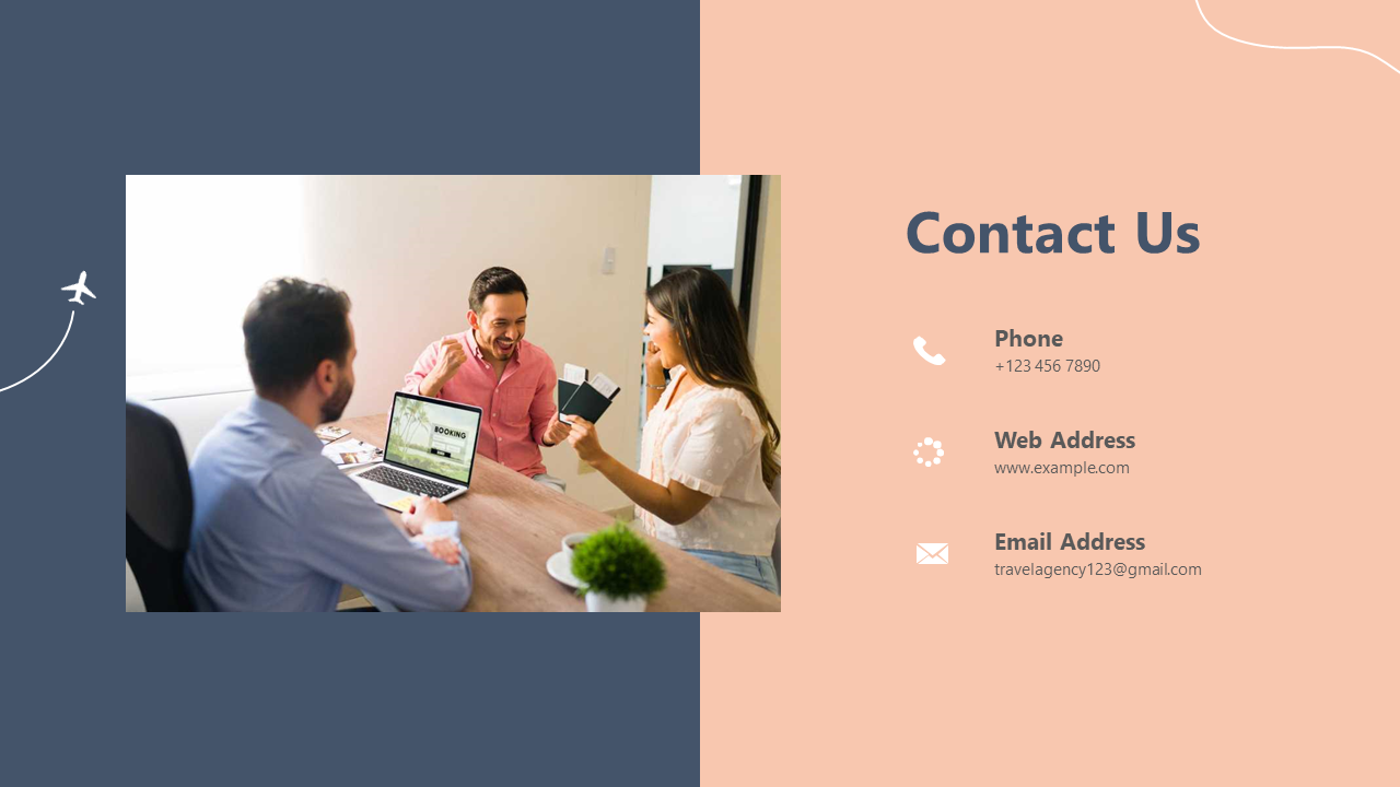 A group of three people engaging in a discussion about travel bookings, with contact details on an orange and blue theme.
