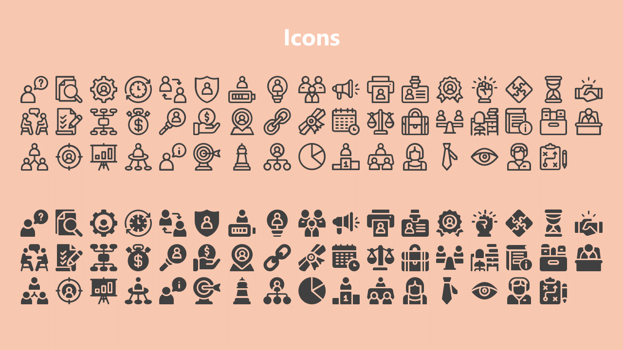 A collection of business and travel related icons, including charts, users, dollar signs, and gear symbols in a orange theme.