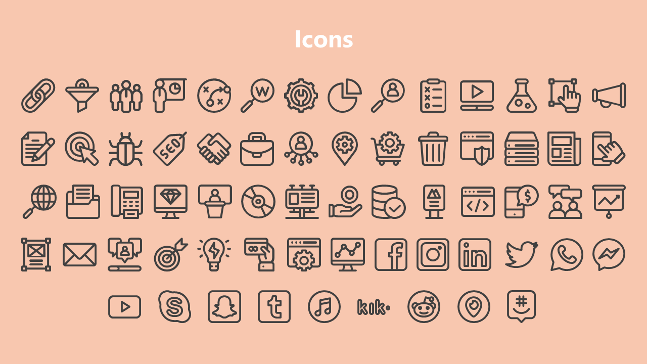 Collection of icons with business and digital tools, including social media, and communication symbols in an orange theme.