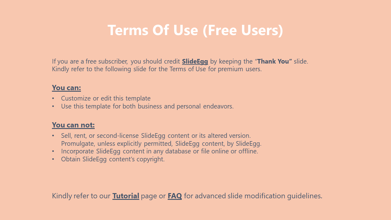 A guide on how free users can credit SlideEgg while using templates for business and personal use in the orange theme.