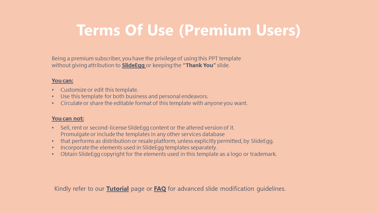 Terms of use for premium users detailing the rights to customize and share templates on an orange theme.