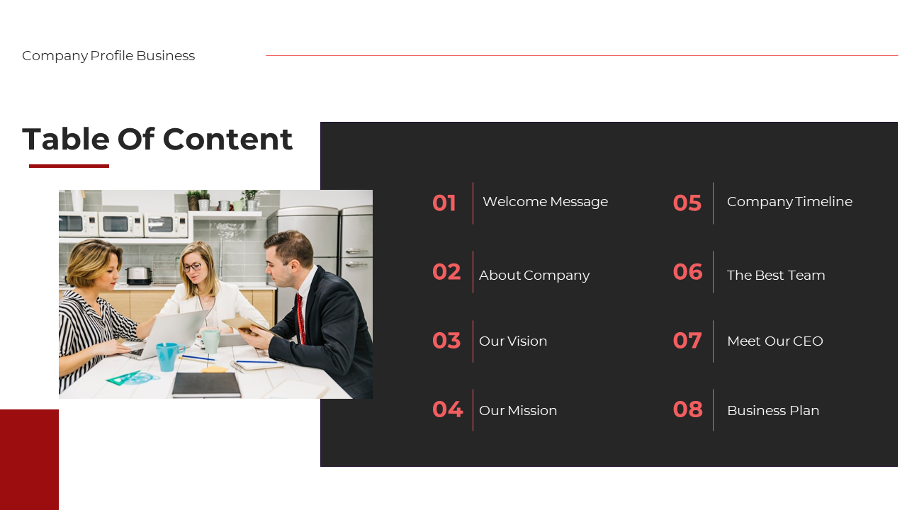 White and black table of contents slide with a list of topics and a photo of professionals working together on a laptop.