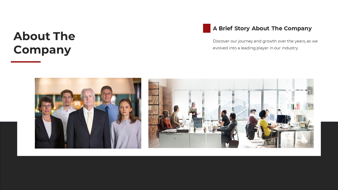 Company profile slide featuring an executive team and office space, describing the company's growth story.