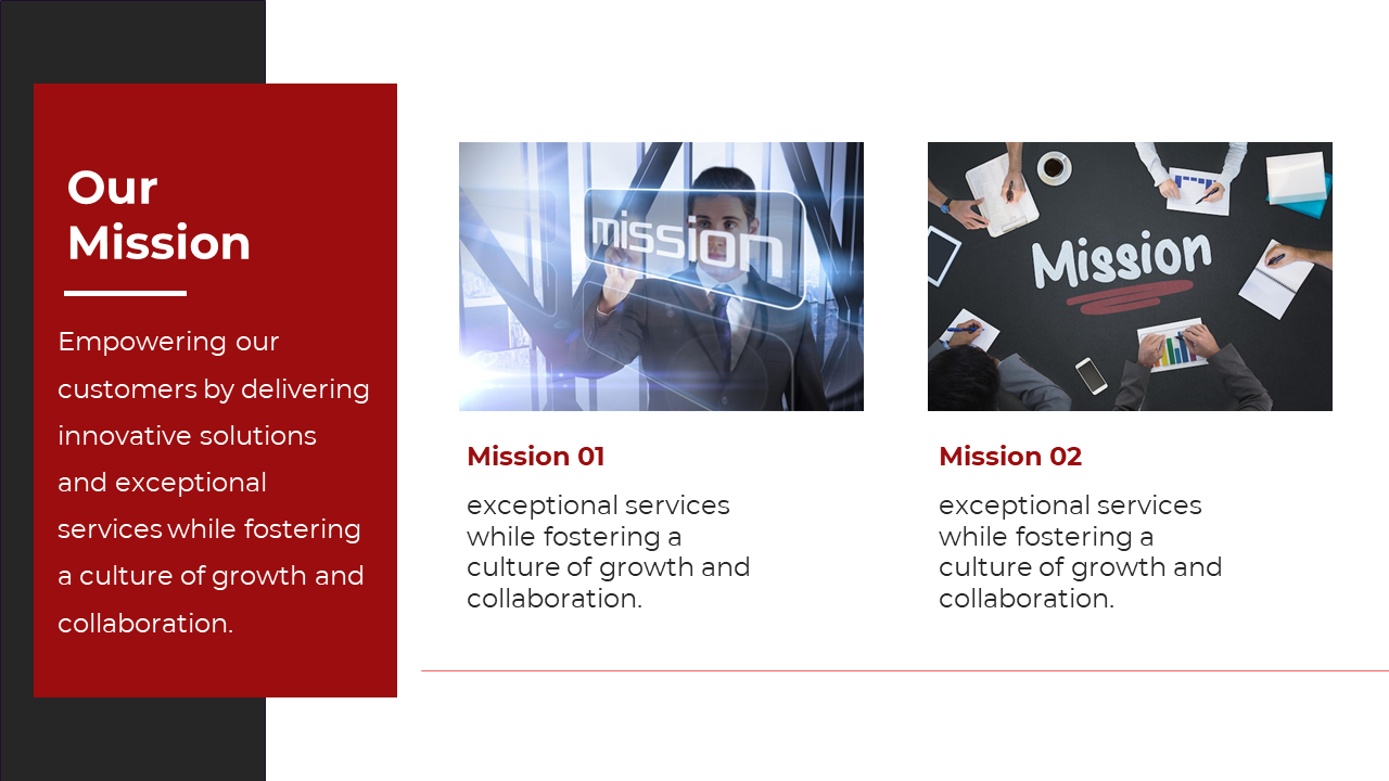 Mission slide featuring two images a business professional interacting with a futuristic screen and a team discussing goals.