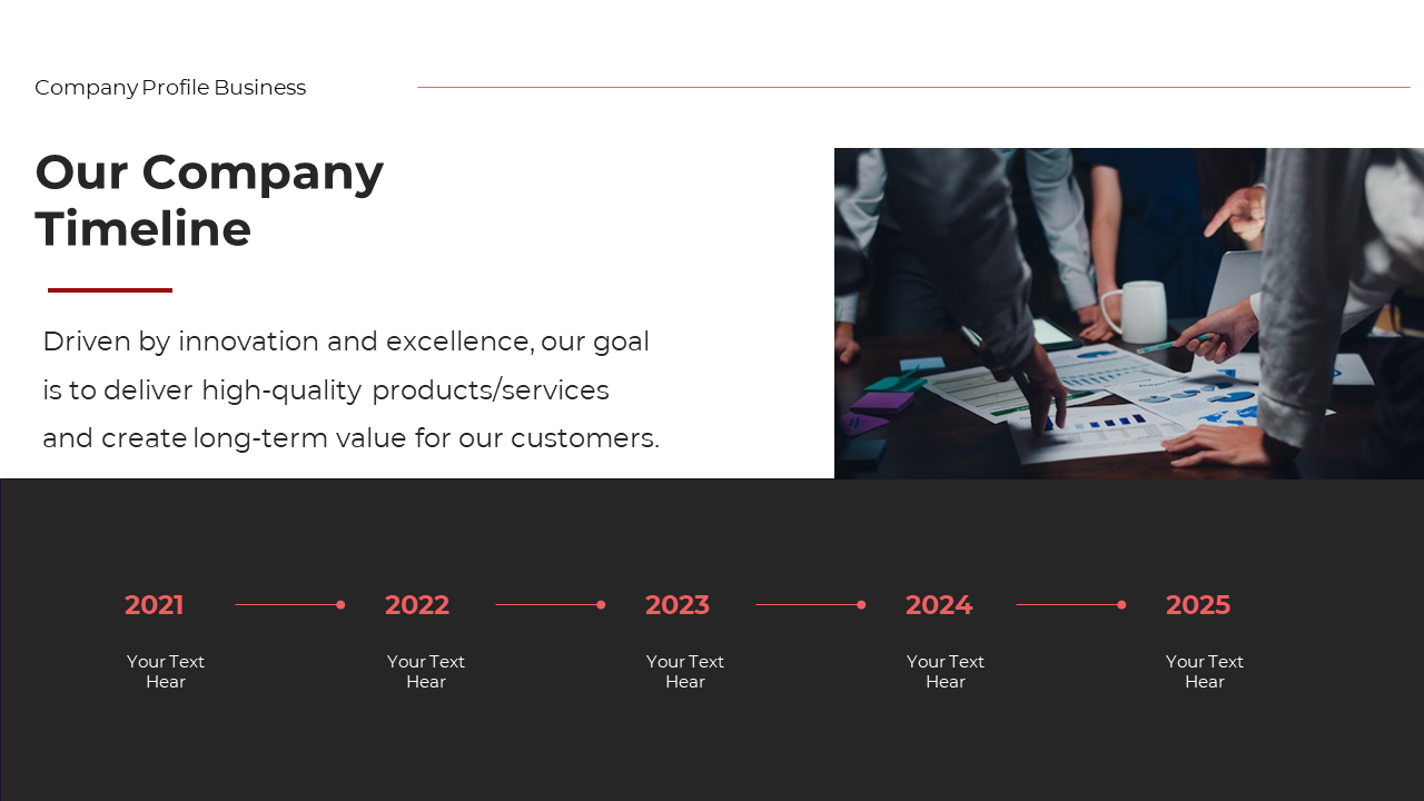 Company timeline slide showing key milestones for 2021 to 2025, with a team discussing data and charts in the background.