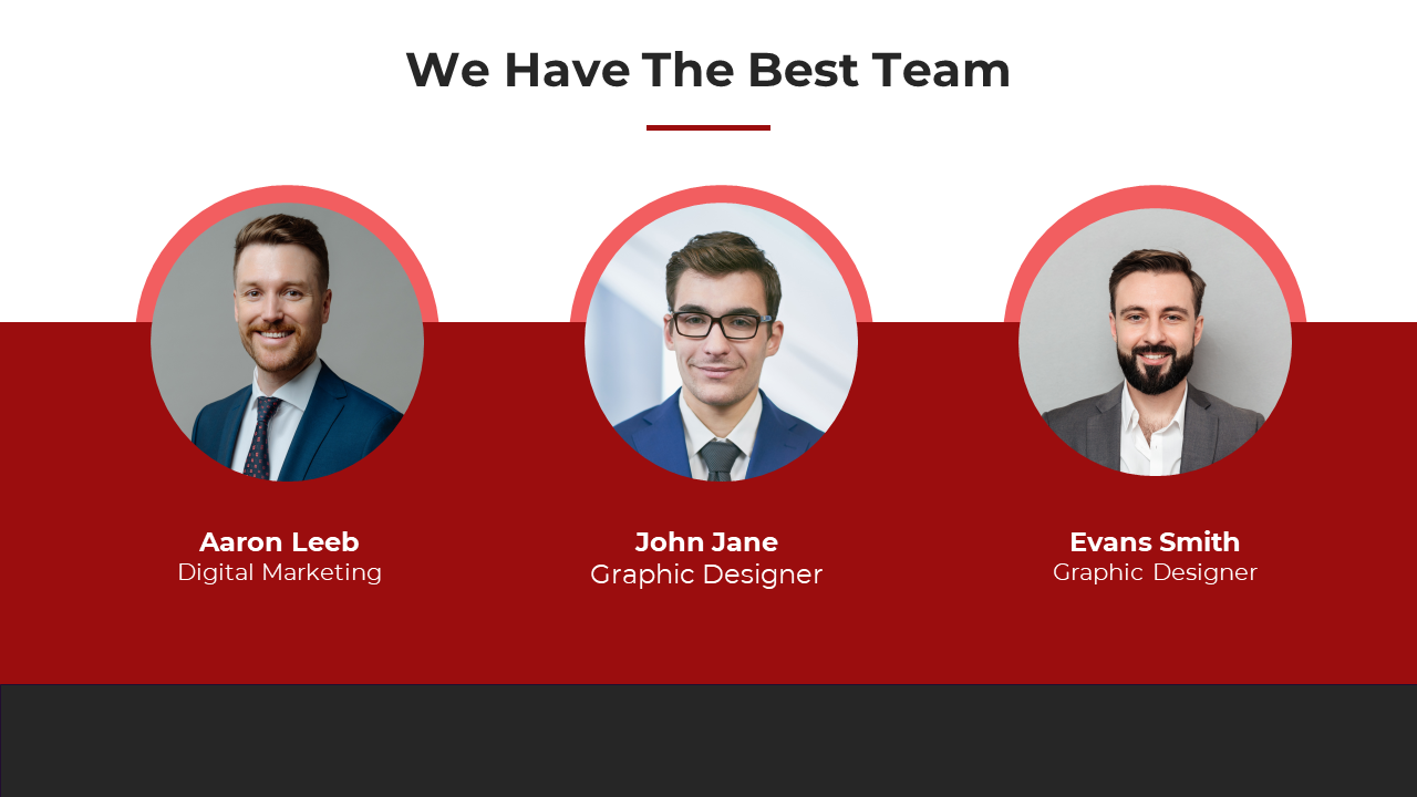 Slide showcasing three professionals Aaron Leeb, John Jane, and Evans Smith on a red and white backdrop.