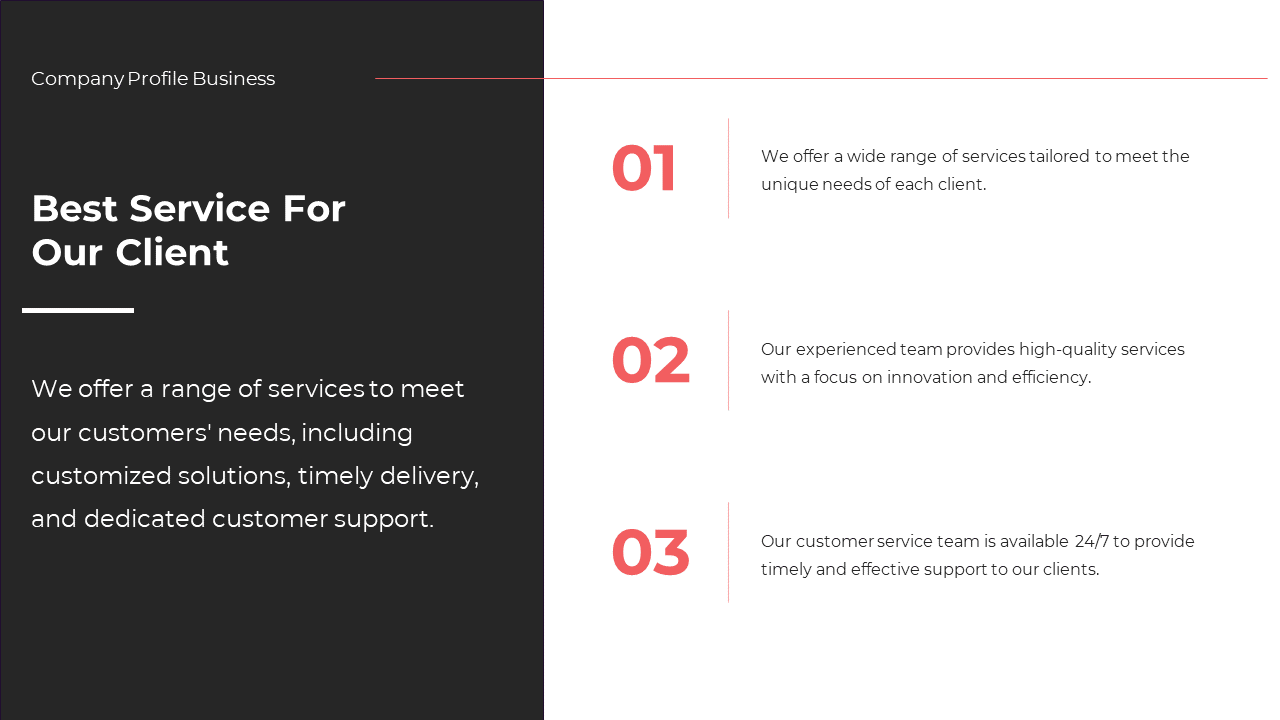 Service overview slide with a range of offerings and text descriptions on a white and black backdrop.