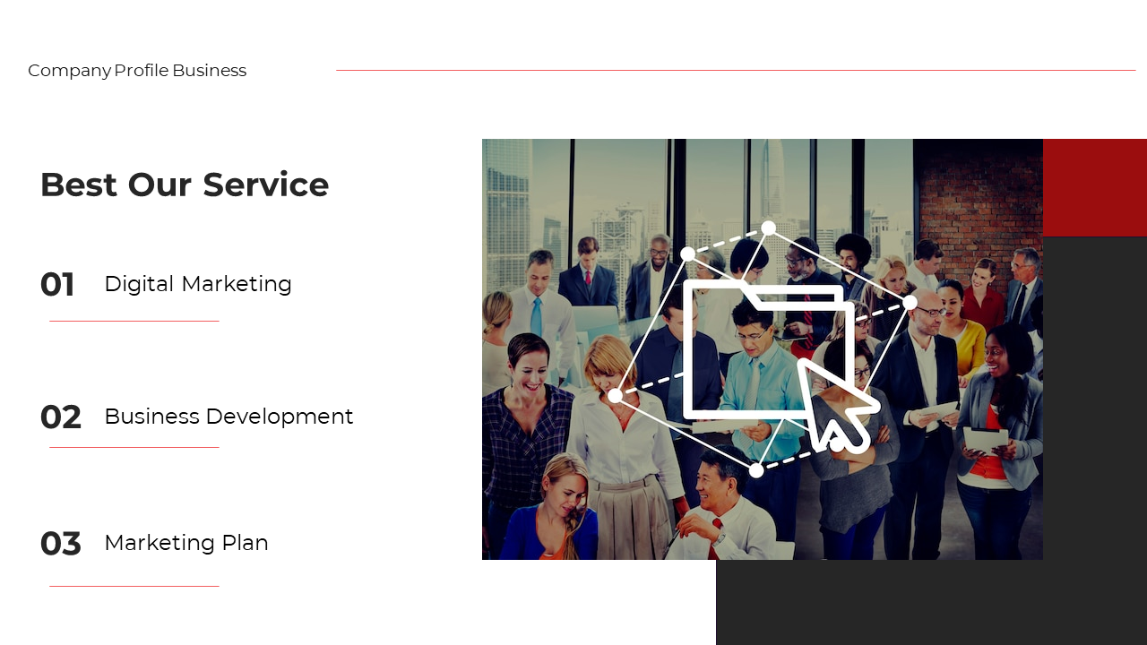 Team of professionals collaborating in a modern office, with a digital marketing concept overlay on a white theme.