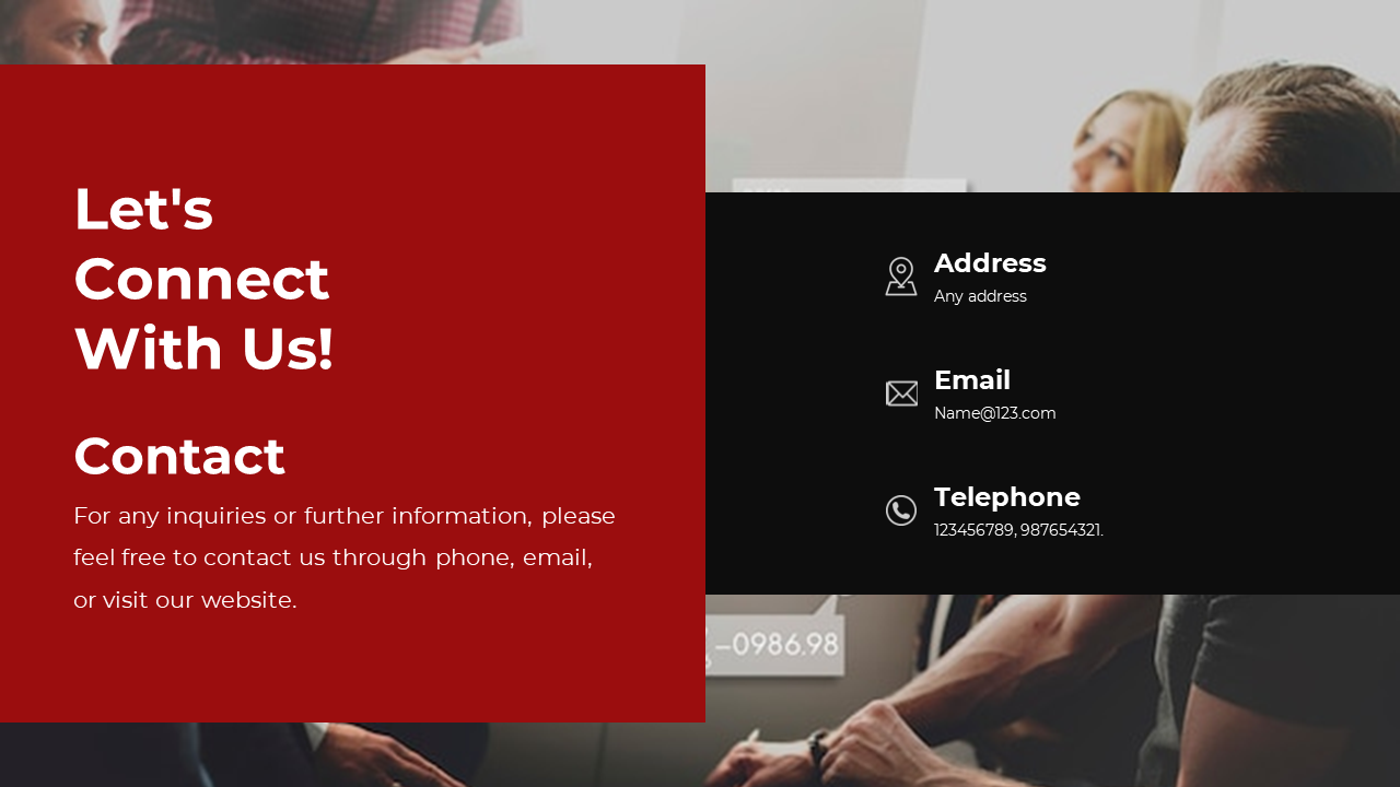 Contact us slide featuring business professionals collaborating, with details on a red and black backdrop with icons.