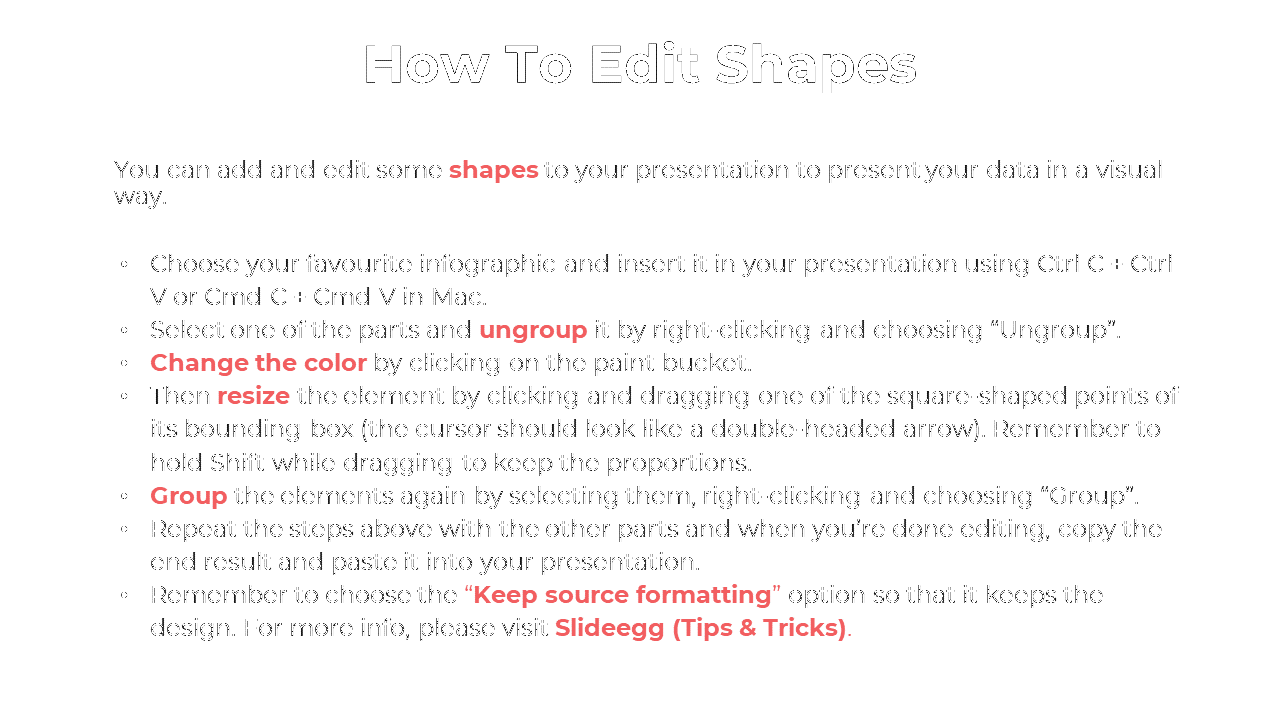 Instructions for editing shapes in PowerPoint, detailing how to insert, ungroup, resize, and group infographic elements.