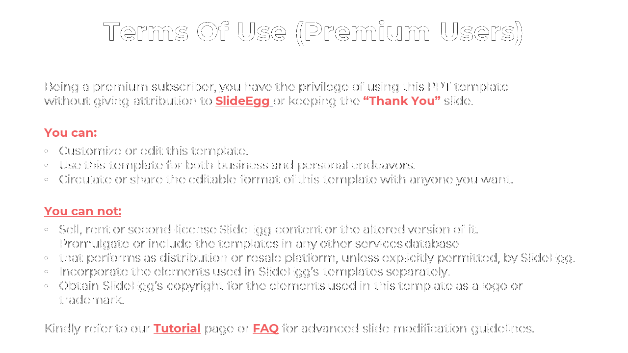 Terms of Use for premium SlideEgg users, explaining the privileges of using the template on a white theme.