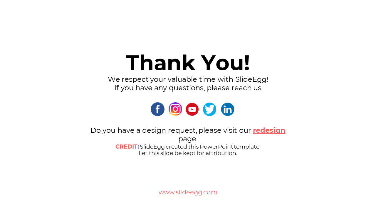 Thank you slide with social media icons and a note about SlideEgg's design services on a white backdrop.